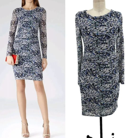 REISS Fox Mesh Lace Crochet Bodycon Dress Blue Tropic Print Size US 6 - Picture 1 of 15